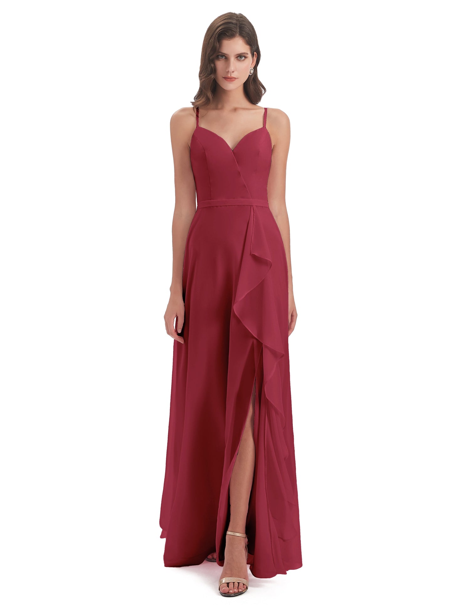 Delilah Sheath Spaghetti Straps Chiffon Long Bridesmaid Dresses