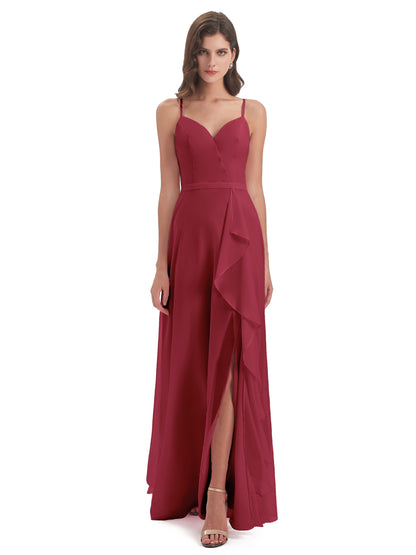 Delilah Sheath Spaghetti Straps Chiffon Long Bridesmaid Dresses