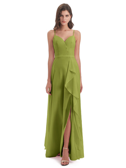 Delilah Sheath Spaghetti Straps Chiffon Long Bridesmaid Dresses