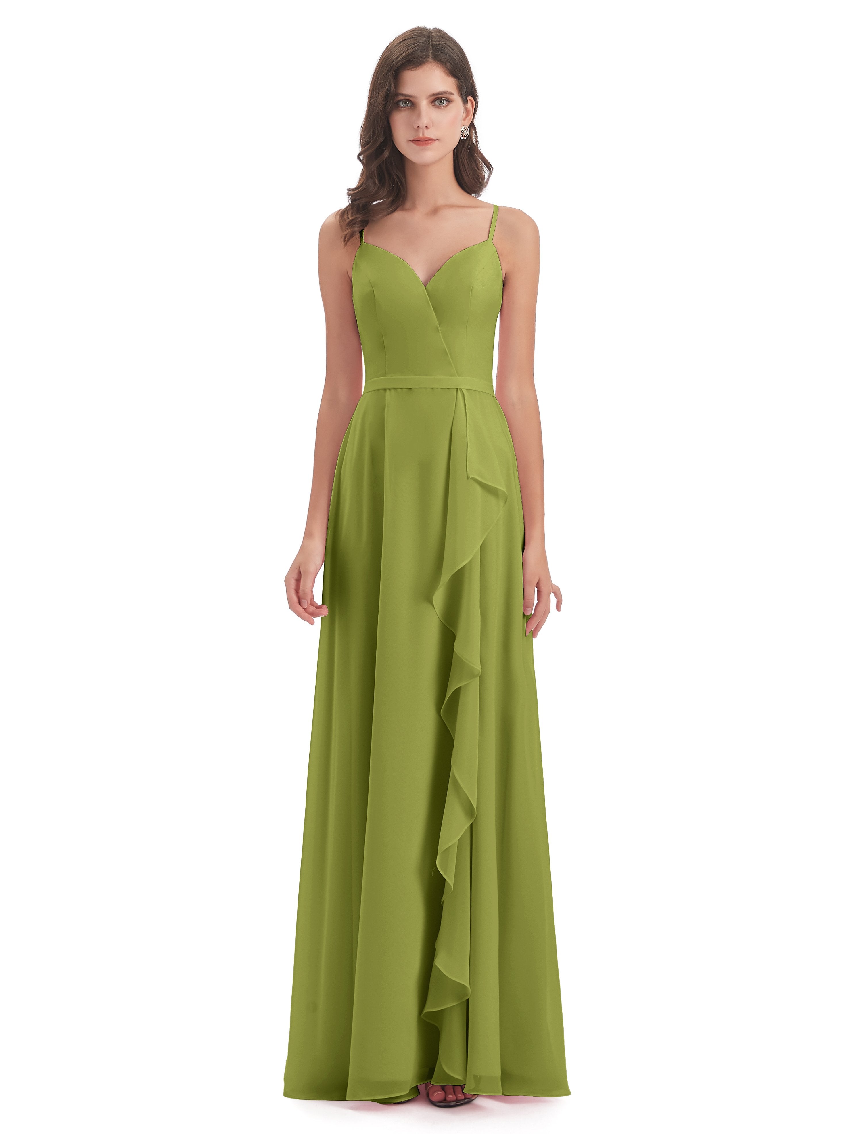 Delilah Sheath Spaghetti Straps Chiffon Long Bridesmaid Dresses
