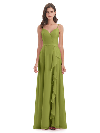 Delilah Sheath Spaghetti Straps Chiffon Long Bridesmaid Dresses