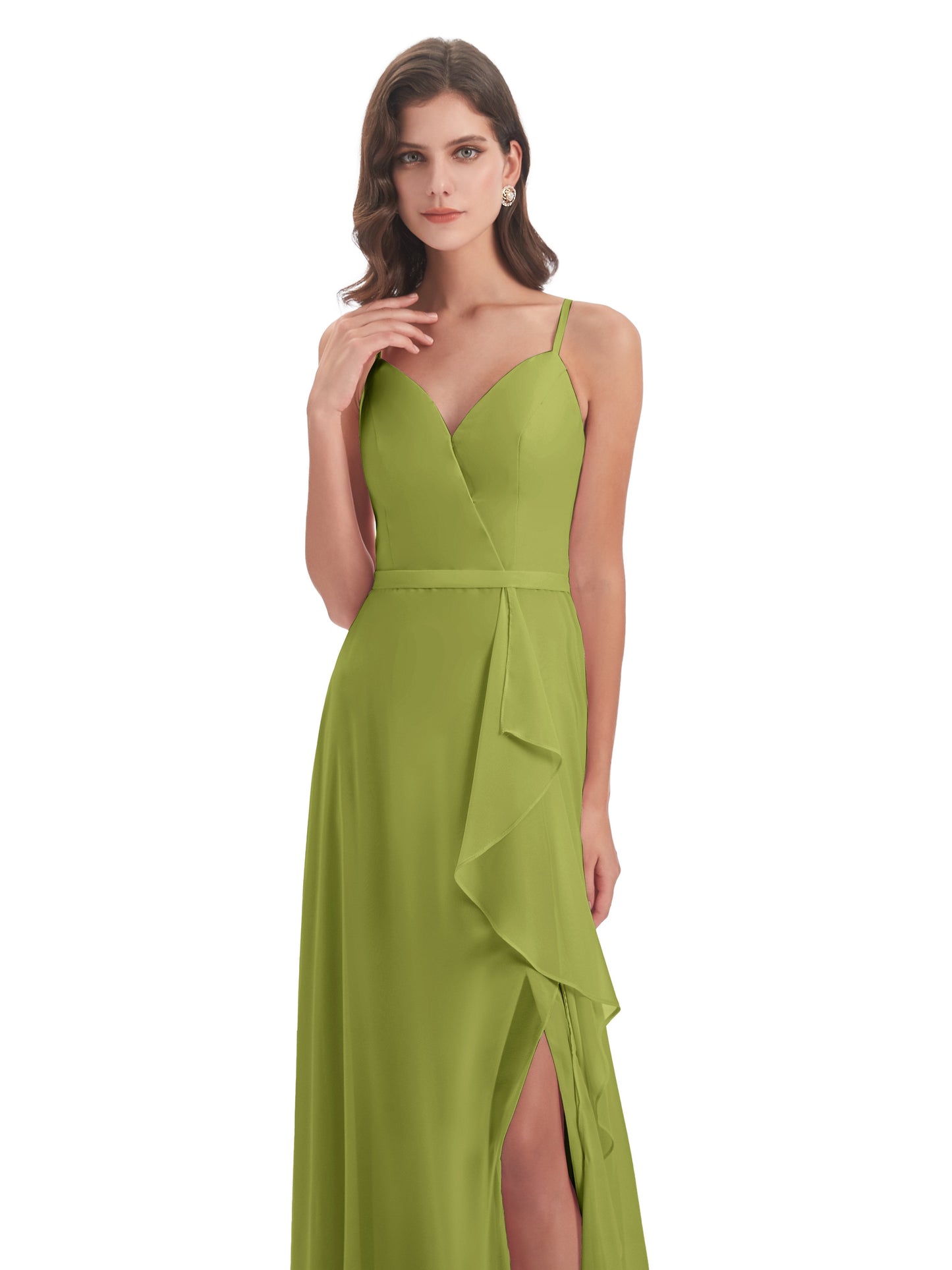 Delilah Sheath Spaghetti Straps Chiffon Long Bridesmaid Dresses