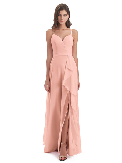 Delilah Sheath Spaghetti Straps Chiffon Long Bridesmaid Dresses