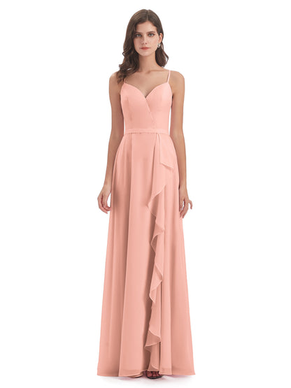 Delilah Sheath Spaghetti Straps Chiffon Long Bridesmaid Dresses