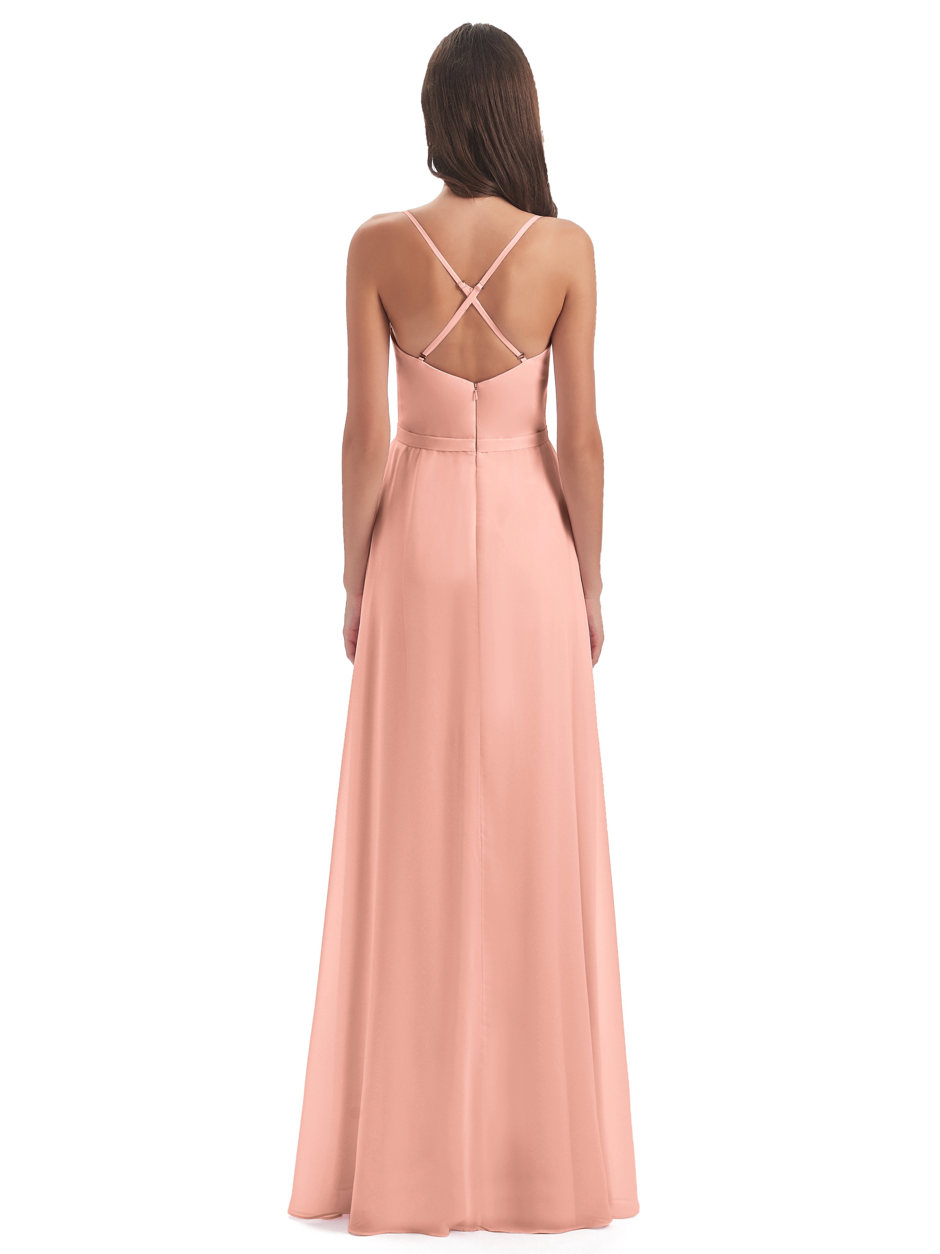 Delilah Sheath Spaghetti Straps Chiffon Long Bridesmaid Dresses