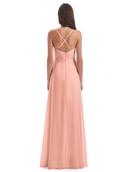 Delilah Sheath Spaghetti Straps Chiffon Long Bridesmaid Dresses
