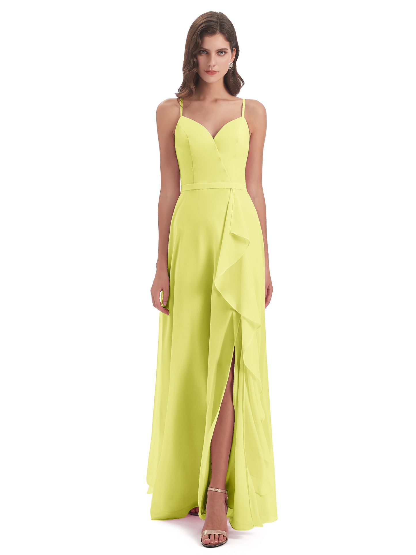 Delilah Sheath Spaghetti Straps Chiffon Long Bridesmaid Dresses