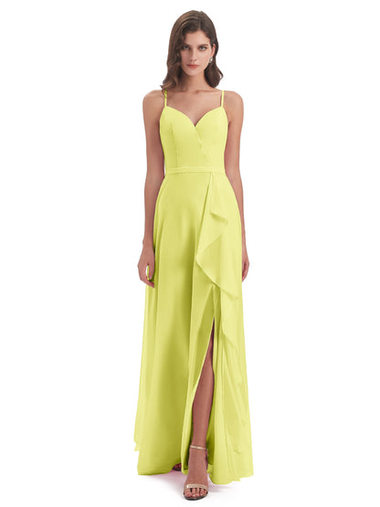 Delilah Sheath Spaghetti Straps Chiffon Long Bridesmaid Dresses