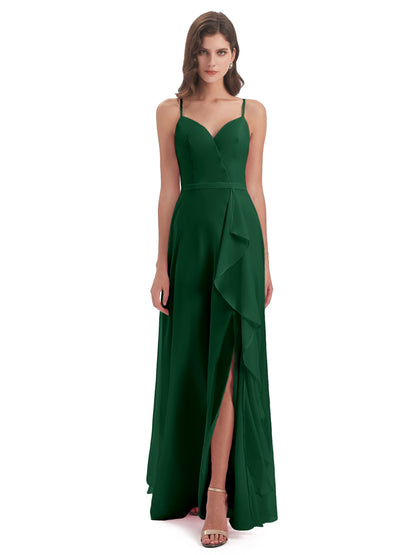Delilah Sheath Spaghetti Straps Chiffon Long Bridesmaid Dresses