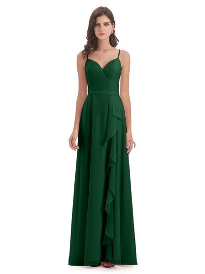 Delilah Sheath Spaghetti Straps Chiffon Long Bridesmaid Dresses