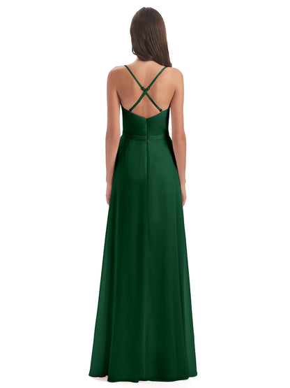 Delilah Sheath Spaghetti Straps Chiffon Long Bridesmaid Dresses