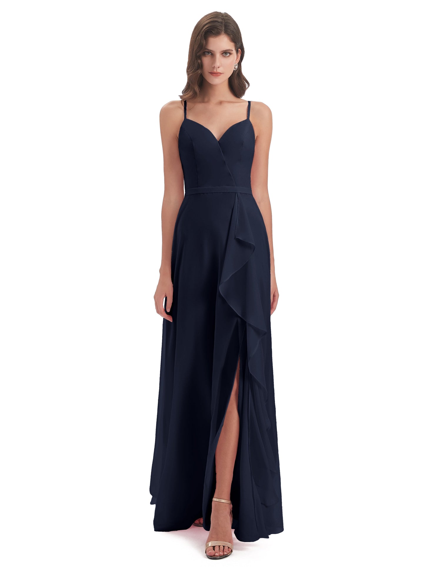 Delilah Sheath Spaghetti Straps Chiffon Long Bridesmaid Dresses