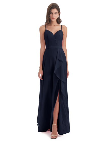 Delilah Sheath Spaghetti Straps Chiffon Long Bridesmaid Dresses