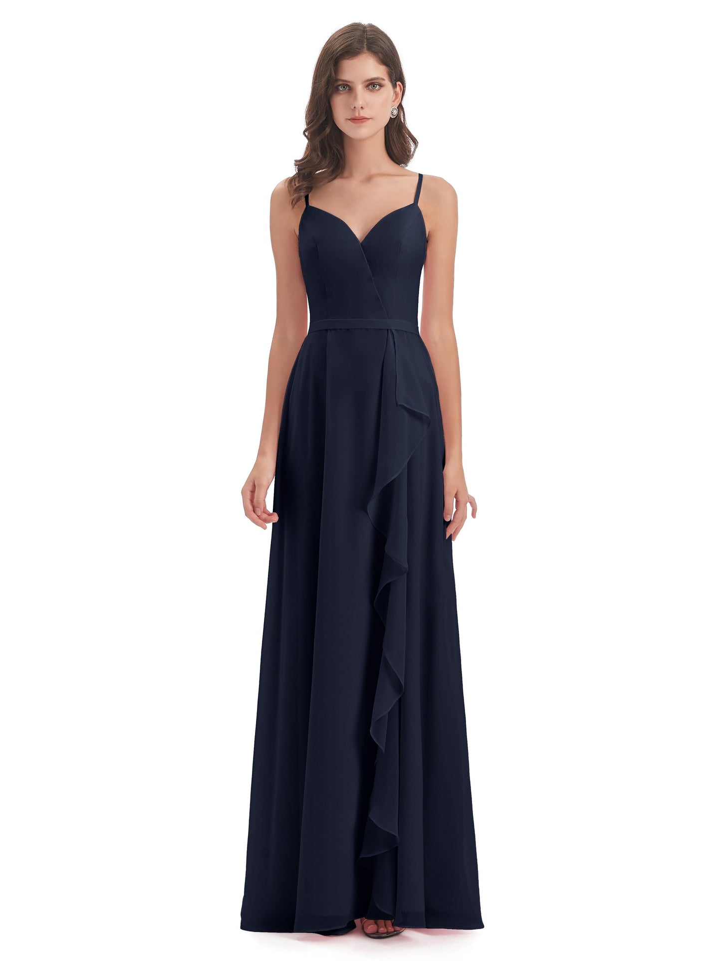 Delilah Sheath Spaghetti Straps Chiffon Long Bridesmaid Dresses