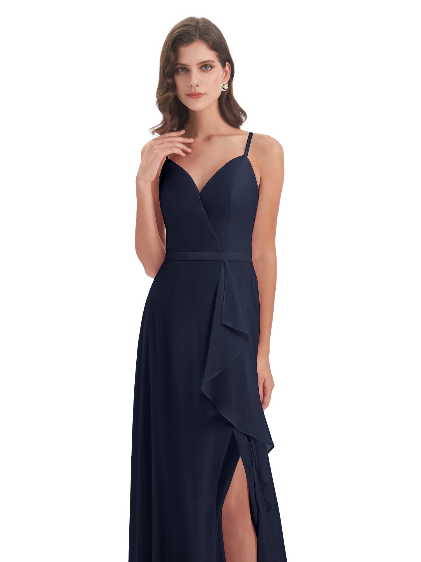 Delilah Sheath Spaghetti Straps Chiffon Long Bridesmaid Dresses