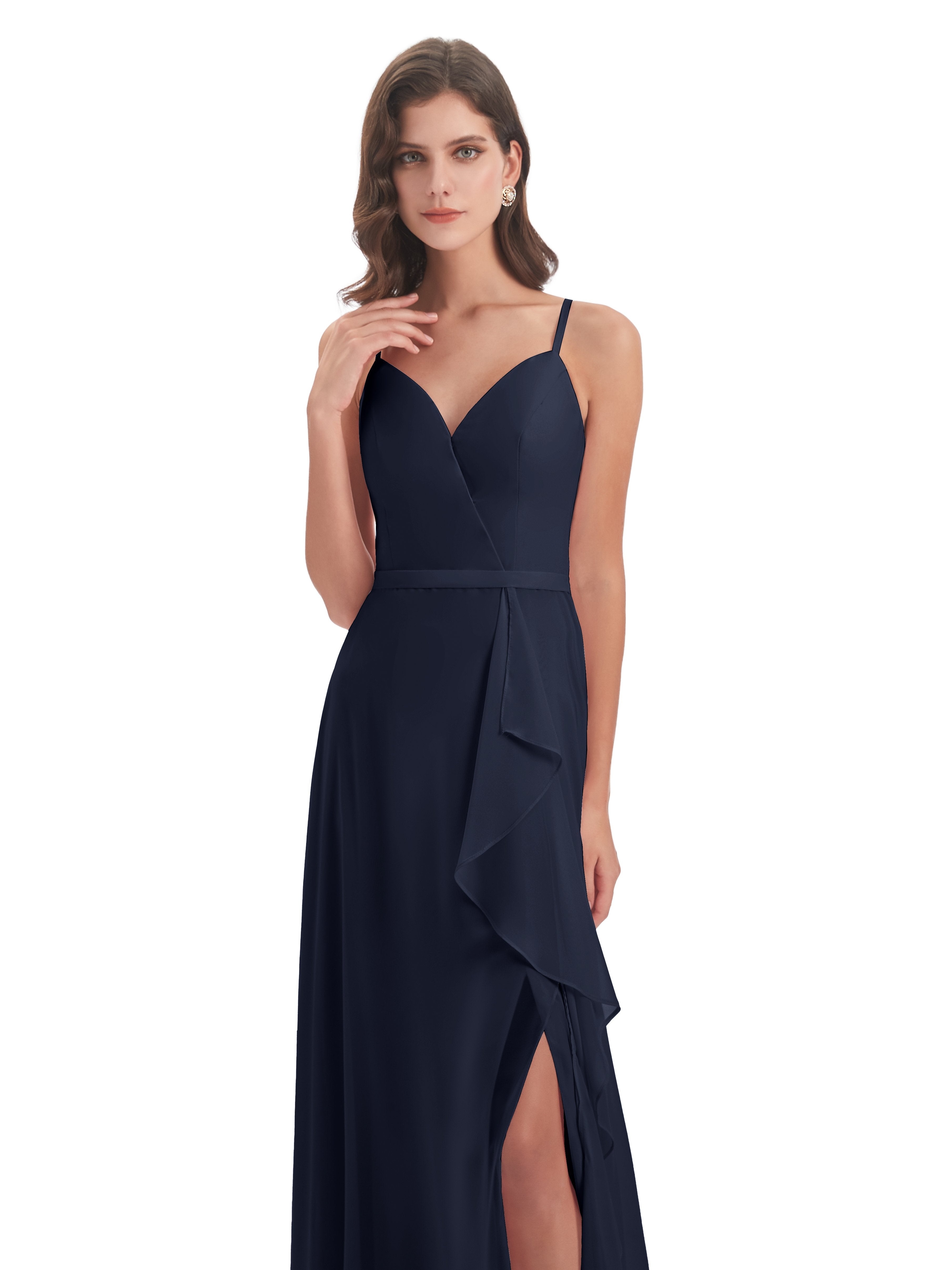 Delilah Sheath Spaghetti Straps Chiffon Long Bridesmaid Dresses