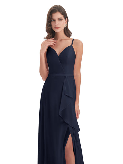 Delilah Sheath Spaghetti Straps Chiffon Long Bridesmaid Dresses