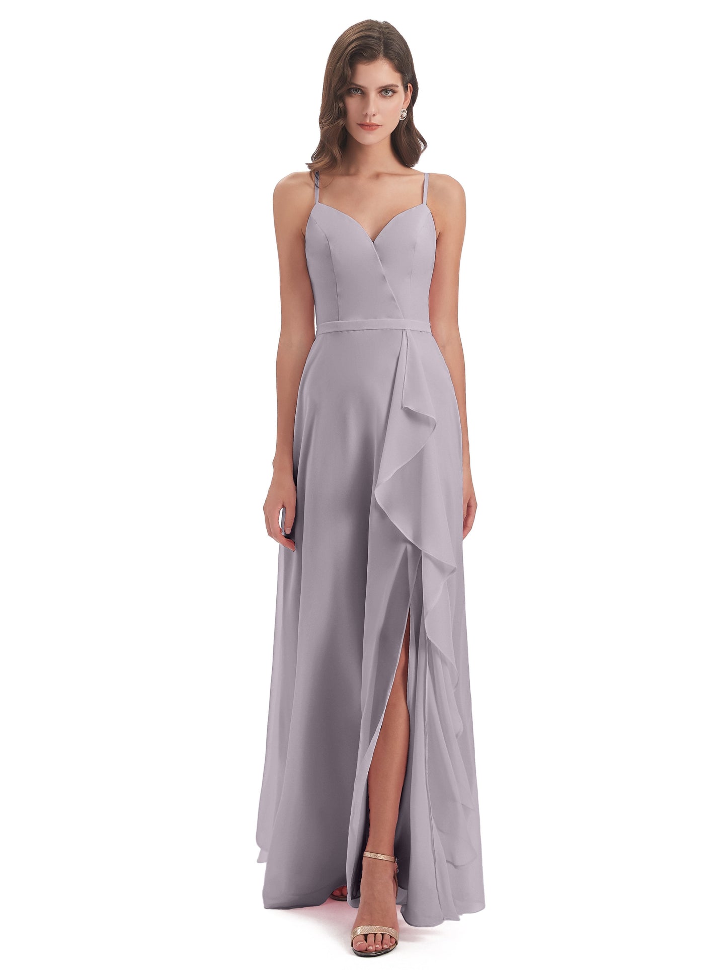 Delilah Sheath Spaghetti Straps Chiffon Long Bridesmaid Dresses