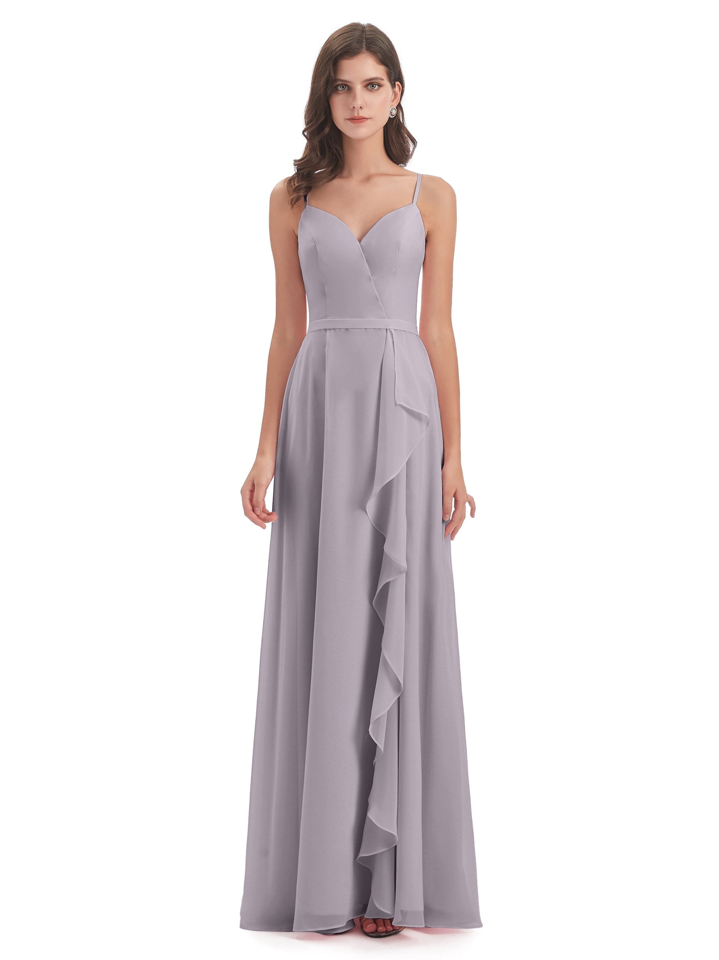 Delilah Sheath Spaghetti Straps Chiffon Long Bridesmaid Dresses
