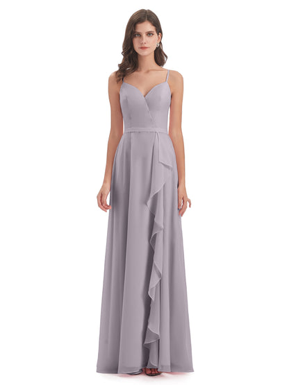 Delilah Sheath Spaghetti Straps Chiffon Long Bridesmaid Dresses