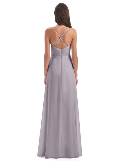 Delilah Sheath Spaghetti Straps Chiffon Long Bridesmaid Dresses