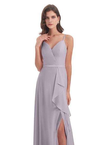 Delilah Sheath Spaghetti Straps Chiffon Long Bridesmaid Dresses