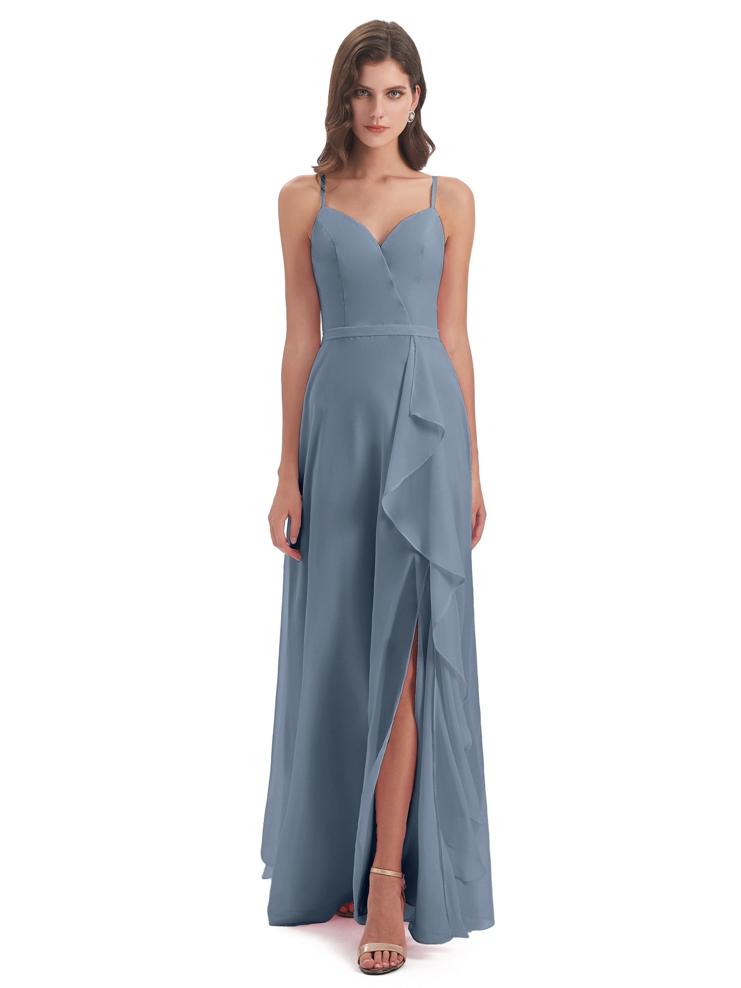 Delilah Sheath Spaghetti Straps Chiffon Long Bridesmaid Dresses