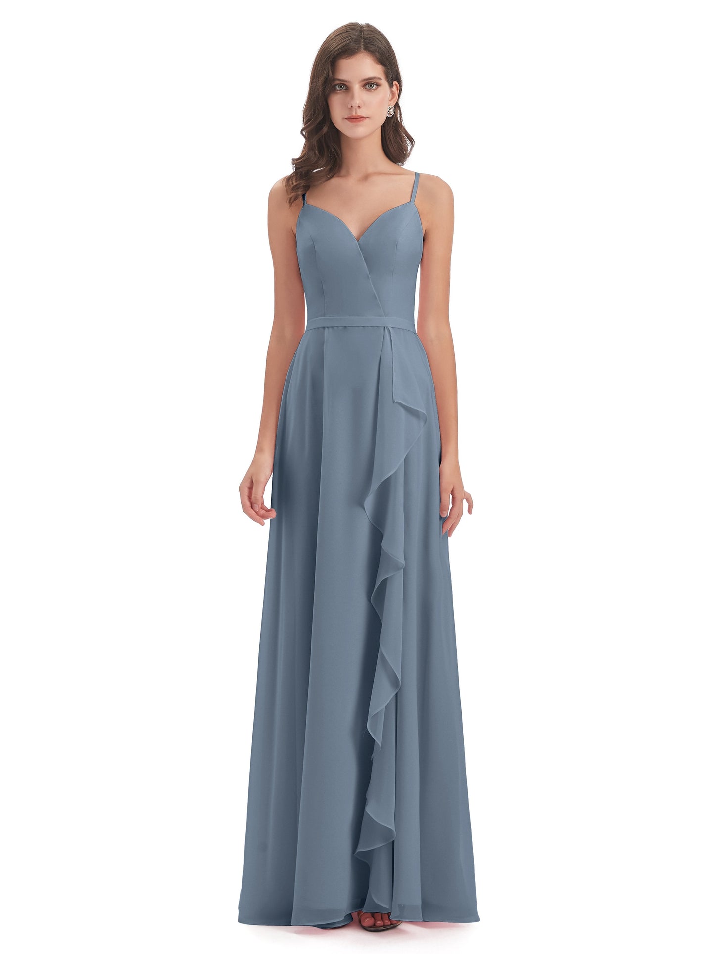 Delilah Sheath Spaghetti Straps Chiffon Long Bridesmaid Dresses
