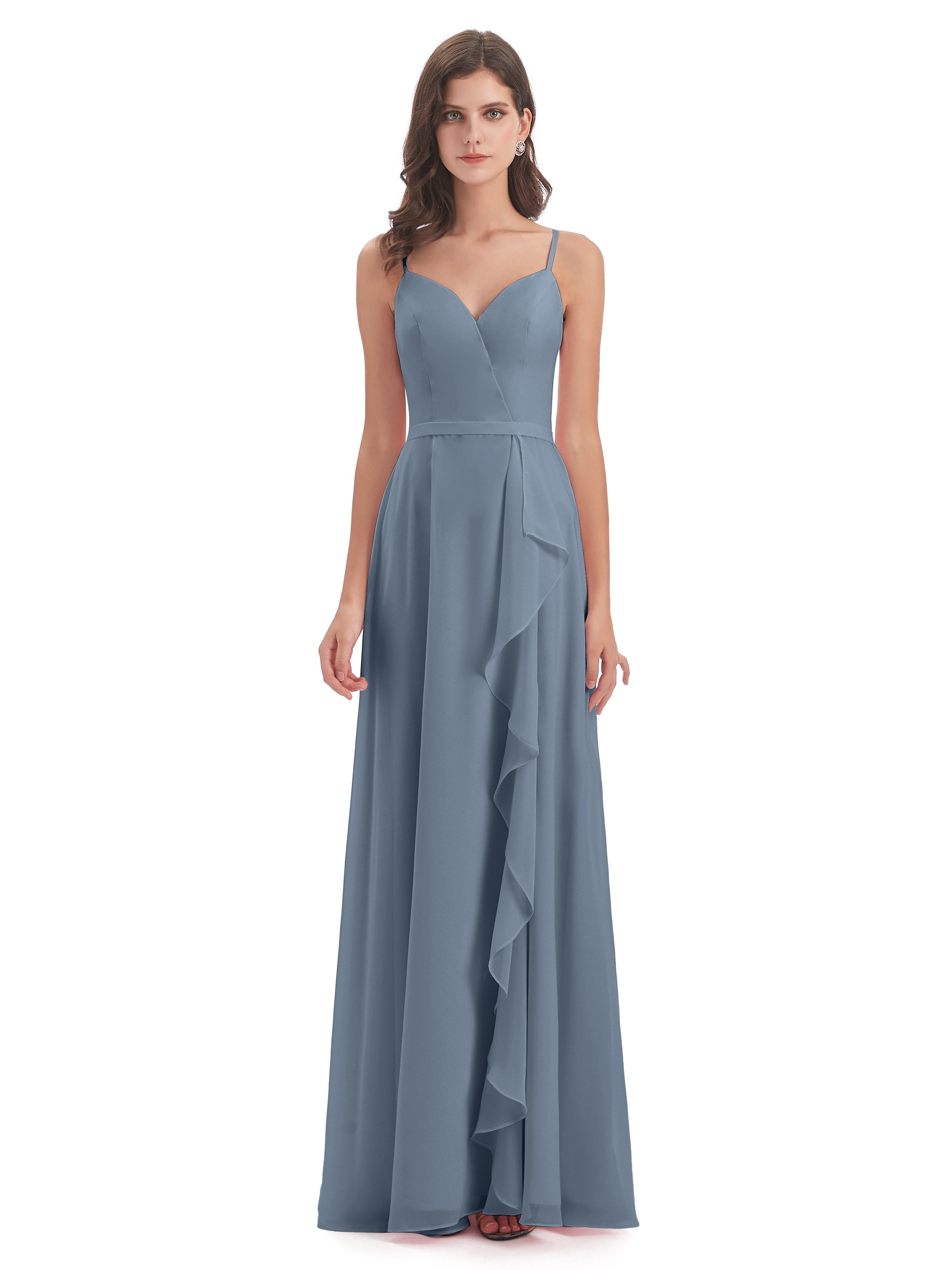 Delilah Sheath Spaghetti Straps Chiffon Long Bridesmaid Dresses