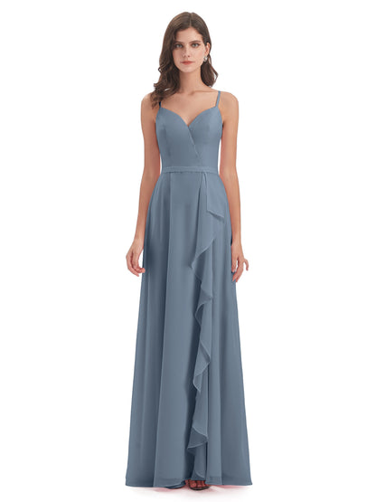 Delilah Sheath Spaghetti Straps Chiffon Long Bridesmaid Dresses