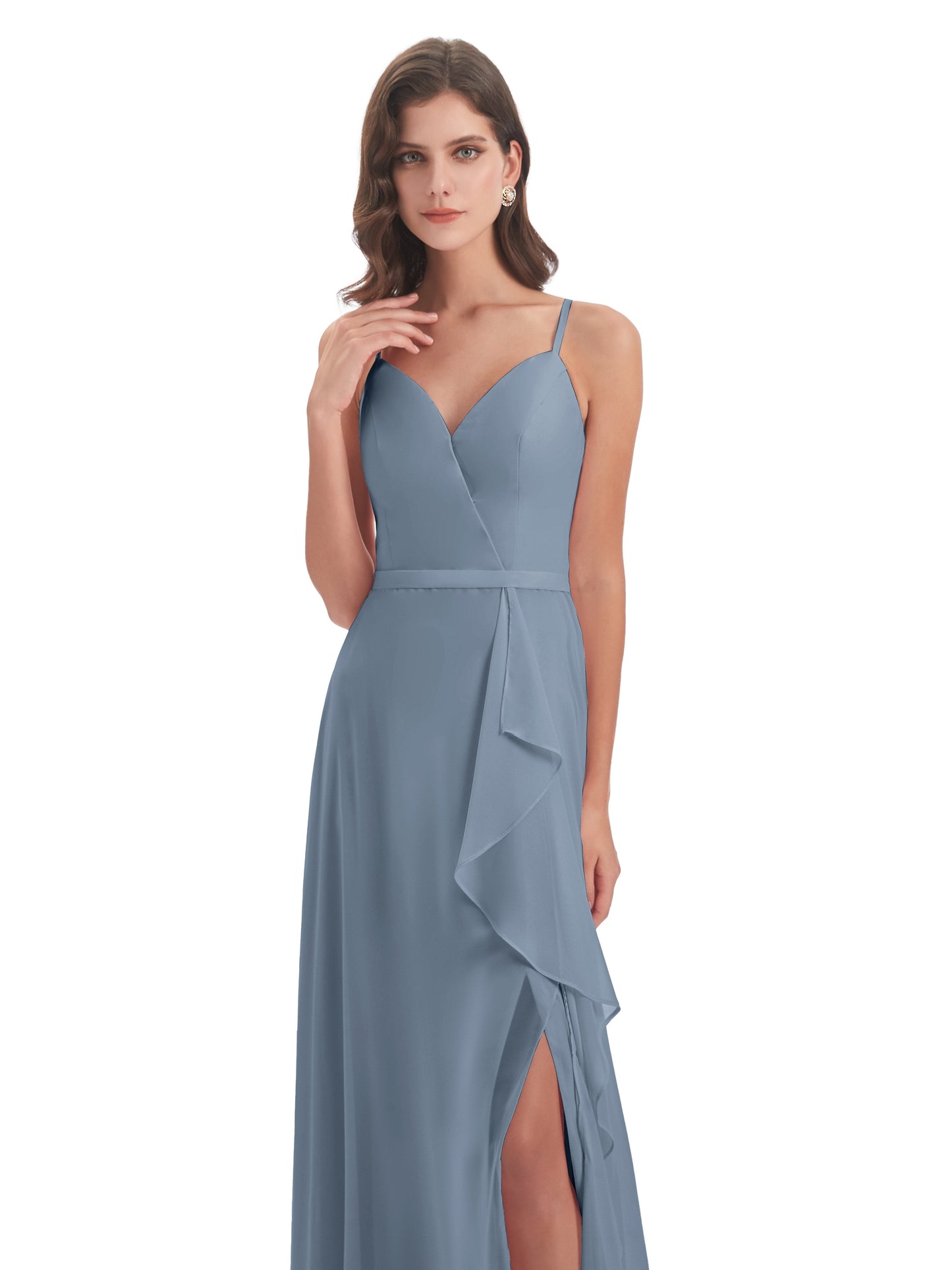Delilah Sheath Spaghetti Straps Chiffon Long Bridesmaid Dresses