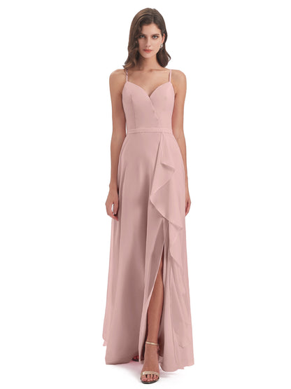 Delilah Sheath Spaghetti Straps Chiffon Long Bridesmaid Dresses