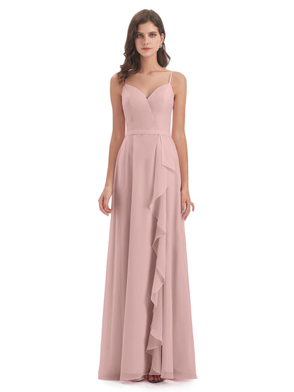 Delilah Sheath Spaghetti Straps Chiffon Long Bridesmaid Dresses