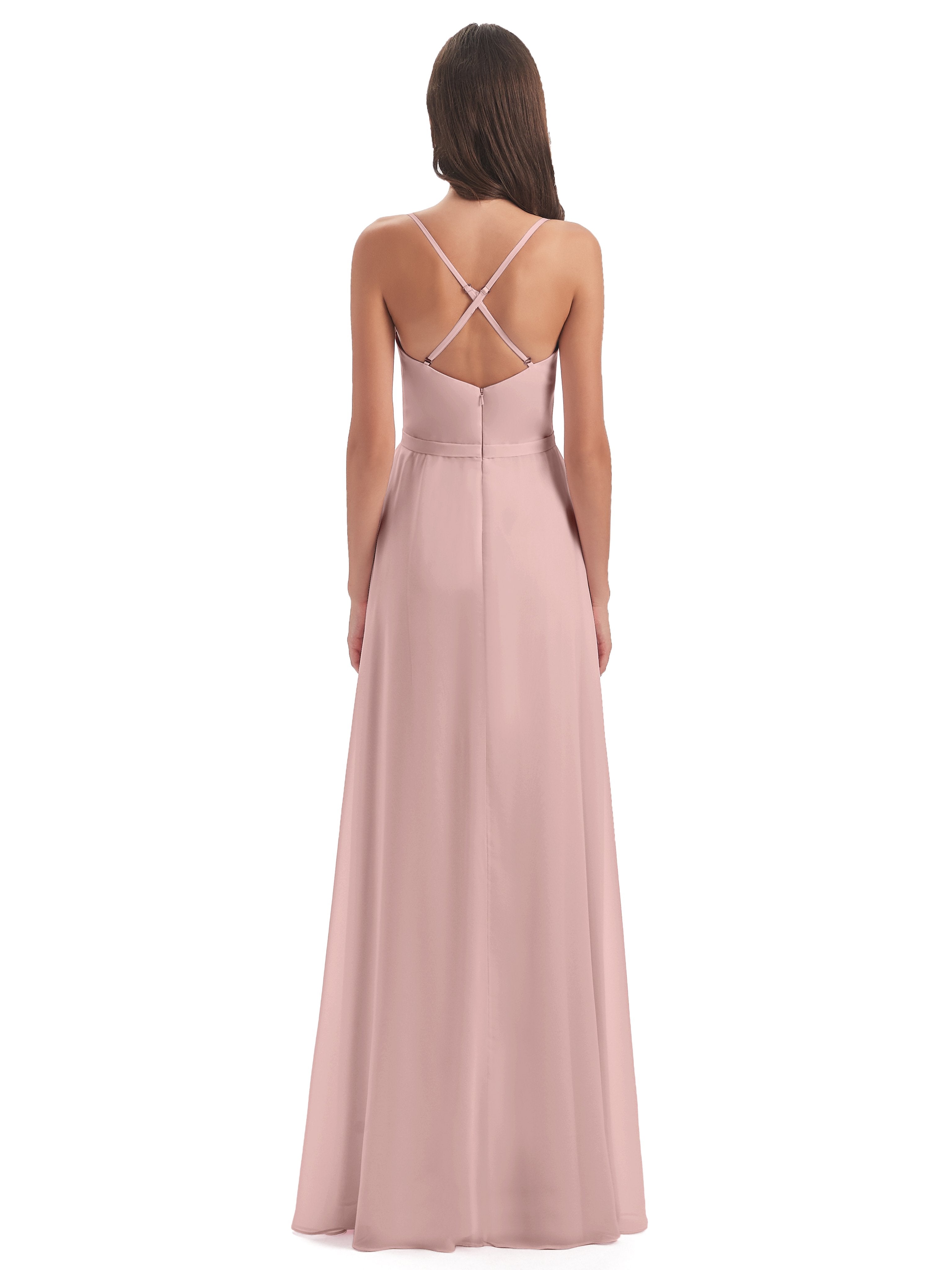 Delilah Sheath Spaghetti Straps Chiffon Long Bridesmaid Dresses