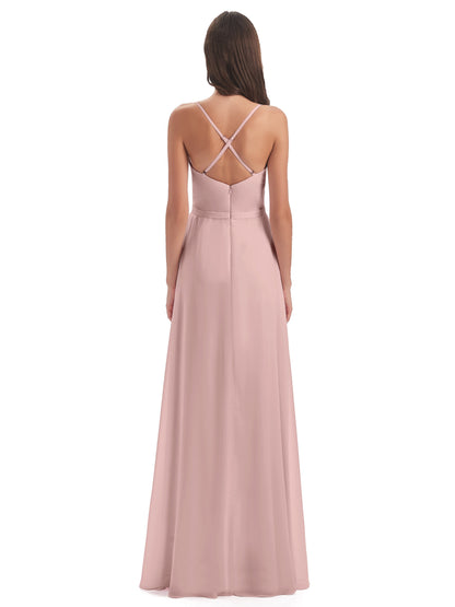 Delilah Sheath Spaghetti Straps Chiffon Long Bridesmaid Dresses