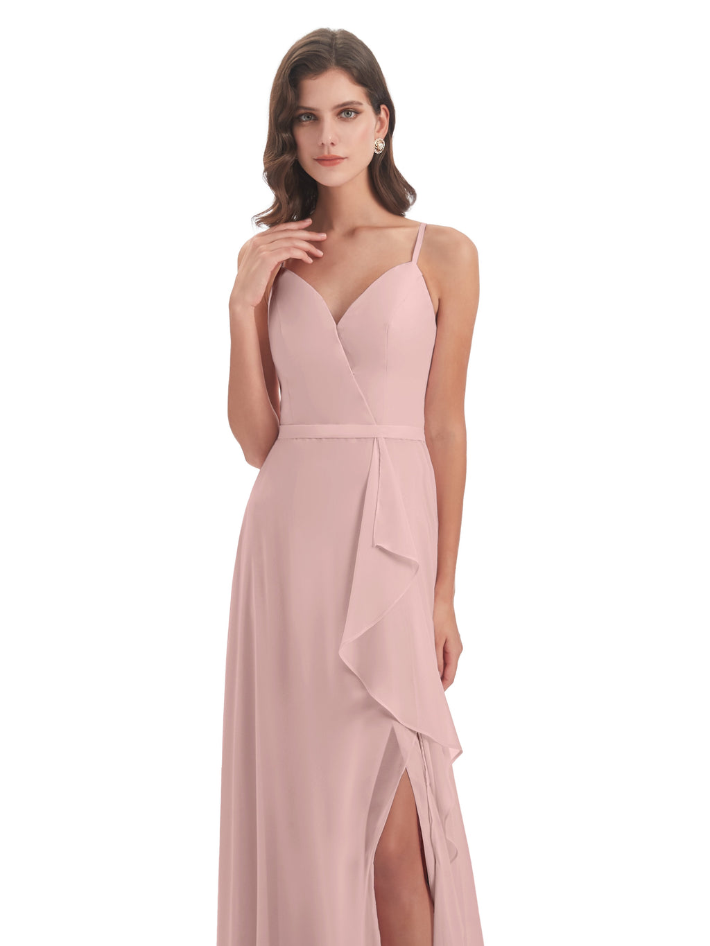 Delilah Sheath Spaghetti Straps Chiffon Long Bridesmaid Dresses