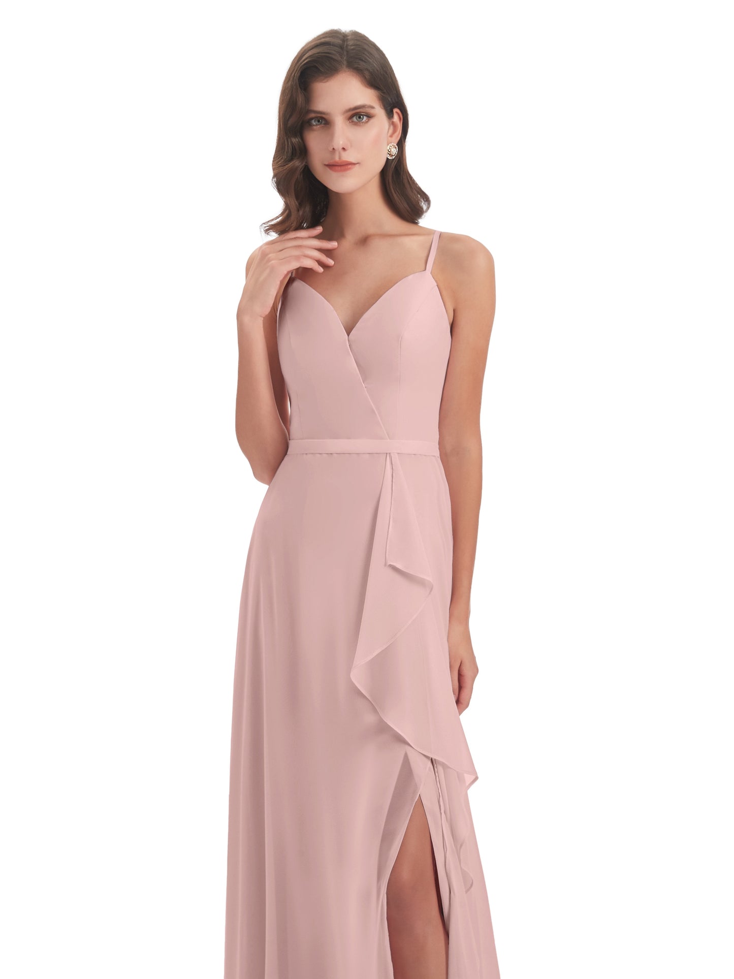 Delilah Sheath Spaghetti Straps Chiffon Long Bridesmaid Dresses
