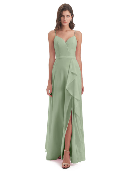 Delilah Sheath Spaghetti Straps Chiffon Long Bridesmaid Dresses