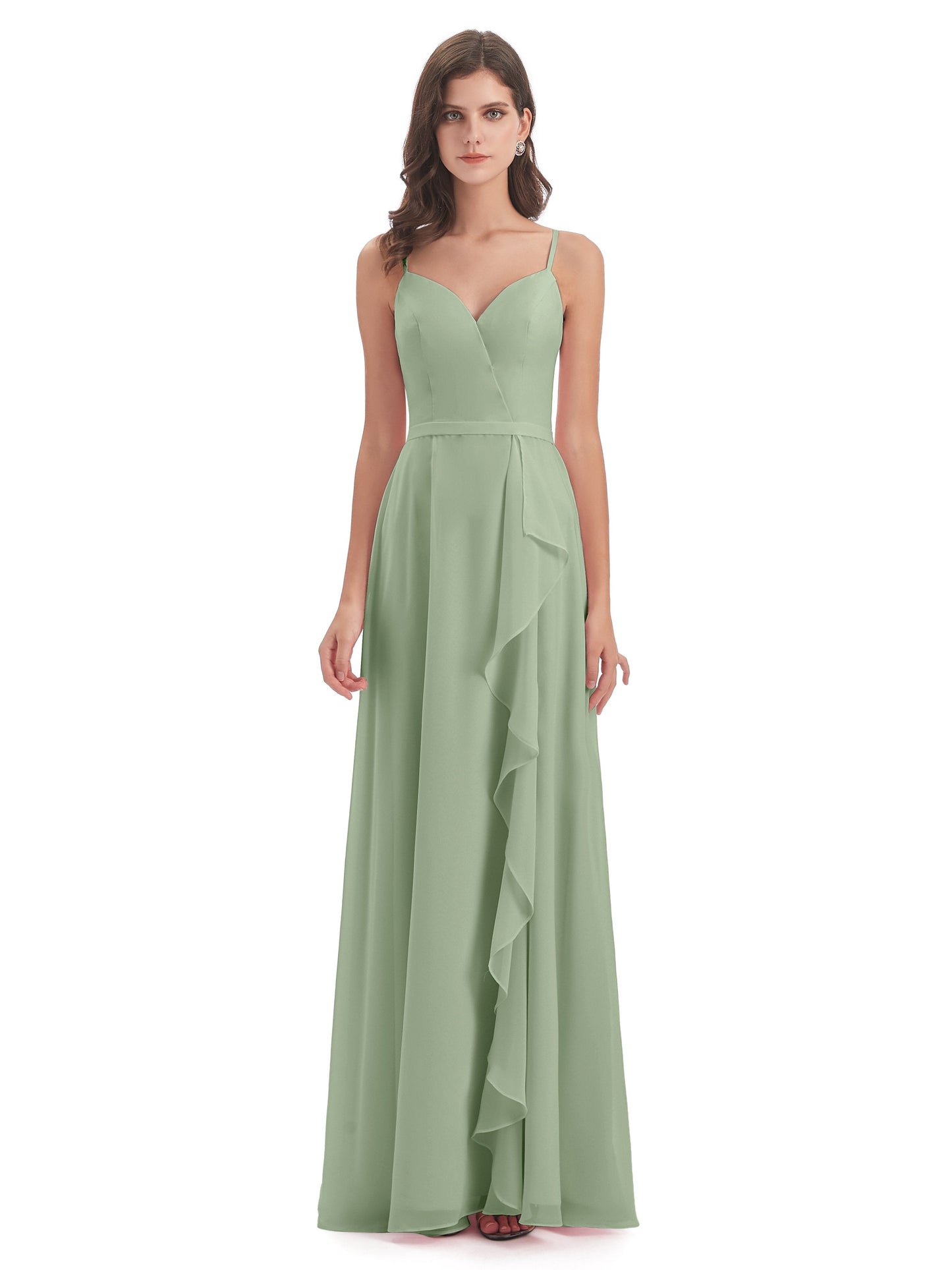 Delilah Sheath Spaghetti Straps Chiffon Long Bridesmaid Dresses