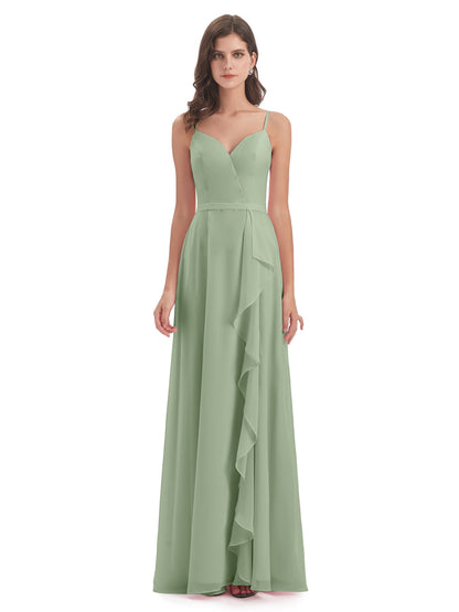 Delilah Sheath Spaghetti Straps Chiffon Long Bridesmaid Dresses