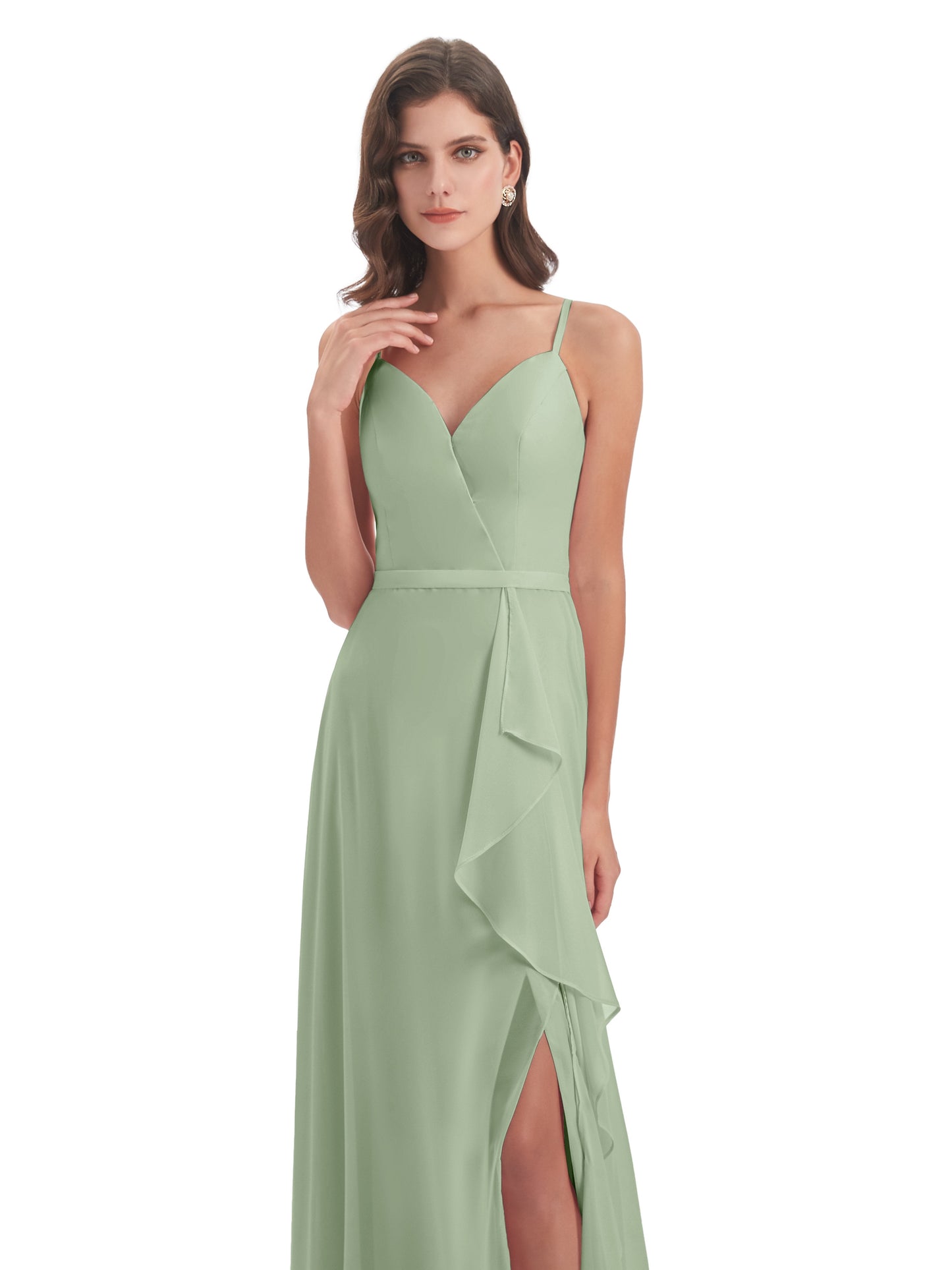 Delilah Sheath Spaghetti Straps Chiffon Long Bridesmaid Dresses