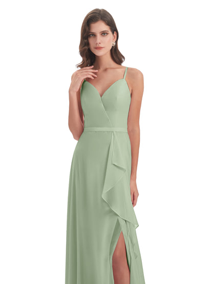 Delilah Sheath Spaghetti Straps Chiffon Long Bridesmaid Dresses
