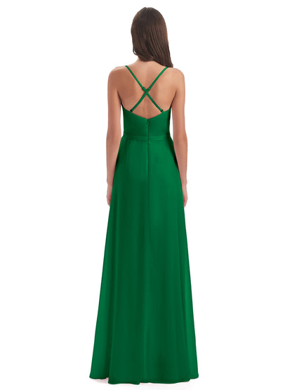 Delilah Sheath Spaghetti Straps Chiffon Long Bridesmaid Dresses