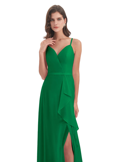 Delilah Sheath Spaghetti Straps Chiffon Long Bridesmaid Dresses
