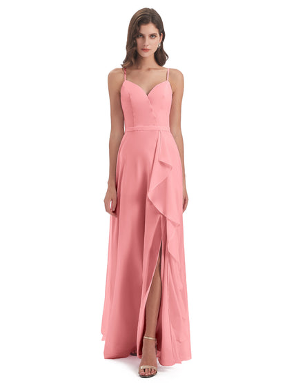 Delilah Sheath Spaghetti Straps Chiffon Long Bridesmaid Dresses
