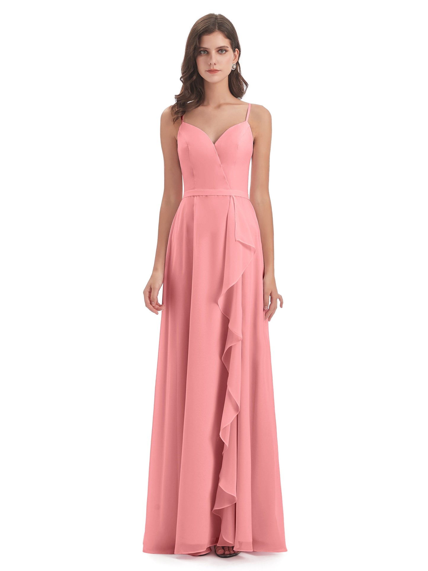Delilah Sheath Spaghetti Straps Chiffon Long Bridesmaid Dresses