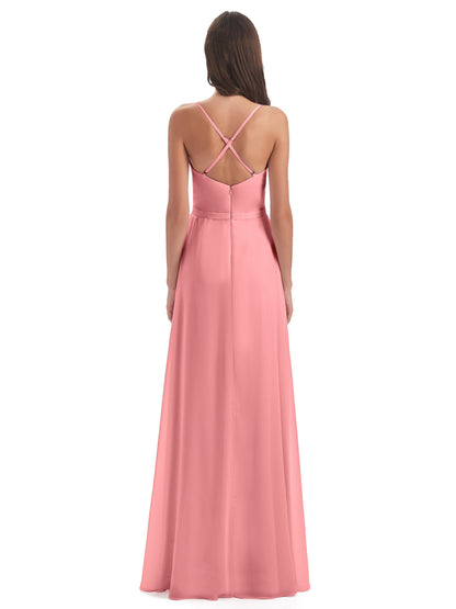Delilah Sheath Spaghetti Straps Chiffon Long Bridesmaid Dresses