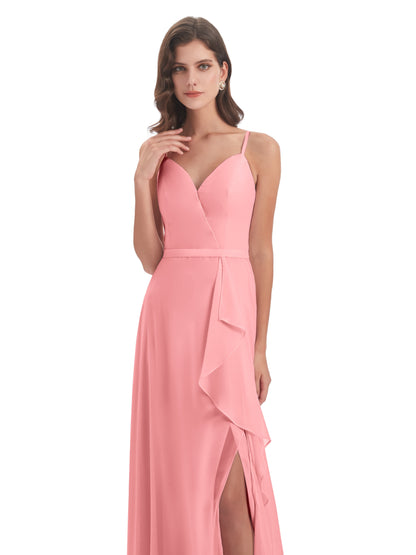 Delilah Sheath Spaghetti Straps Chiffon Long Bridesmaid Dresses