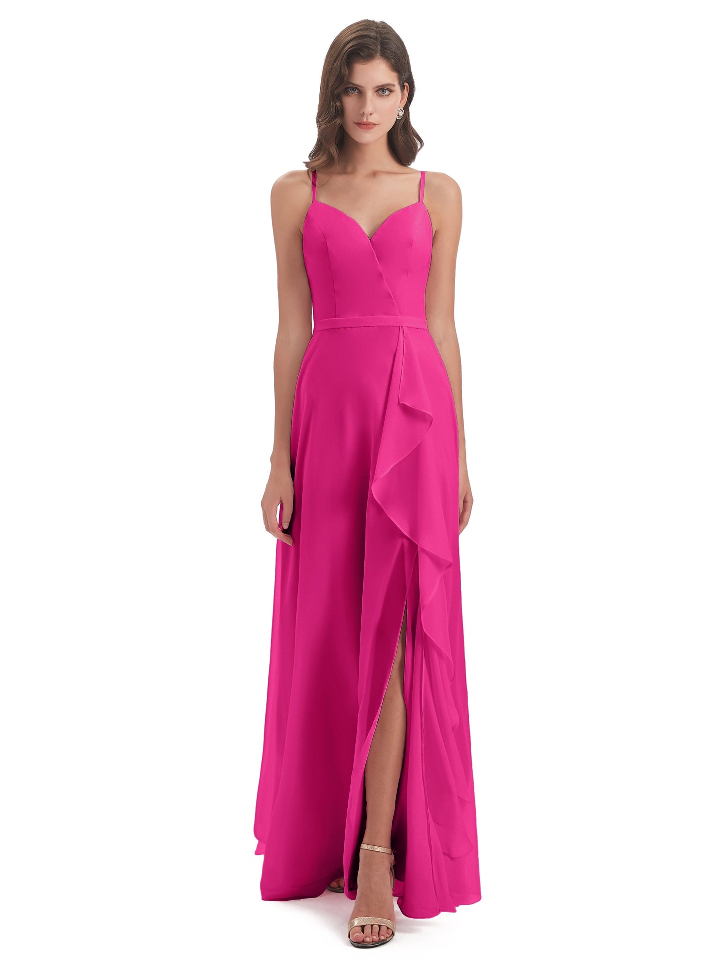 Delilah Sheath Spaghetti Straps Chiffon Long Bridesmaid Dresses