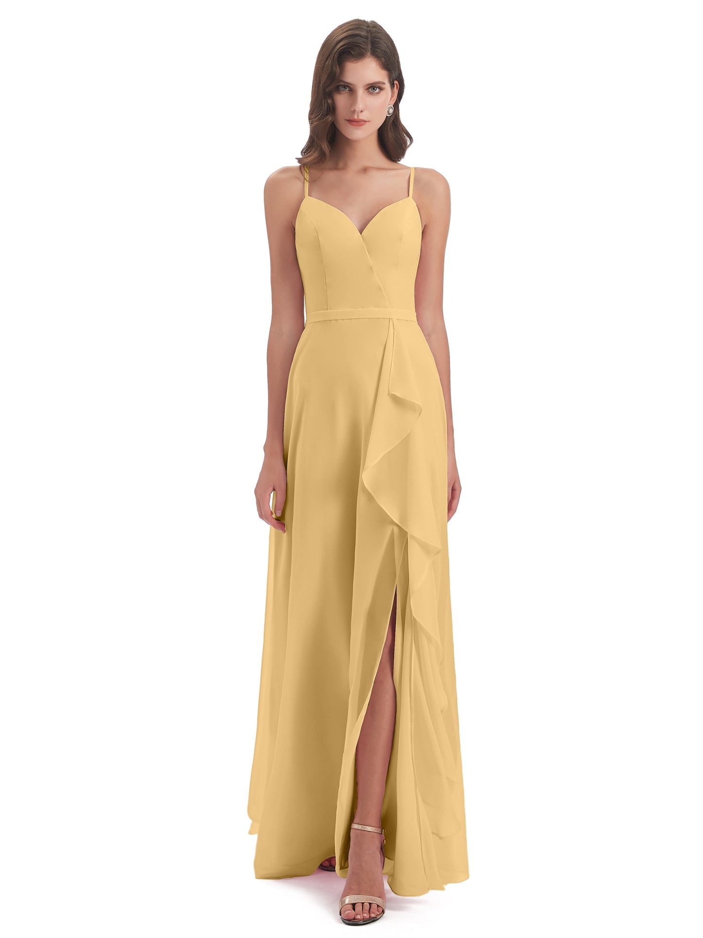 Delilah Sheath Spaghetti Straps Chiffon Long Bridesmaid Dresses